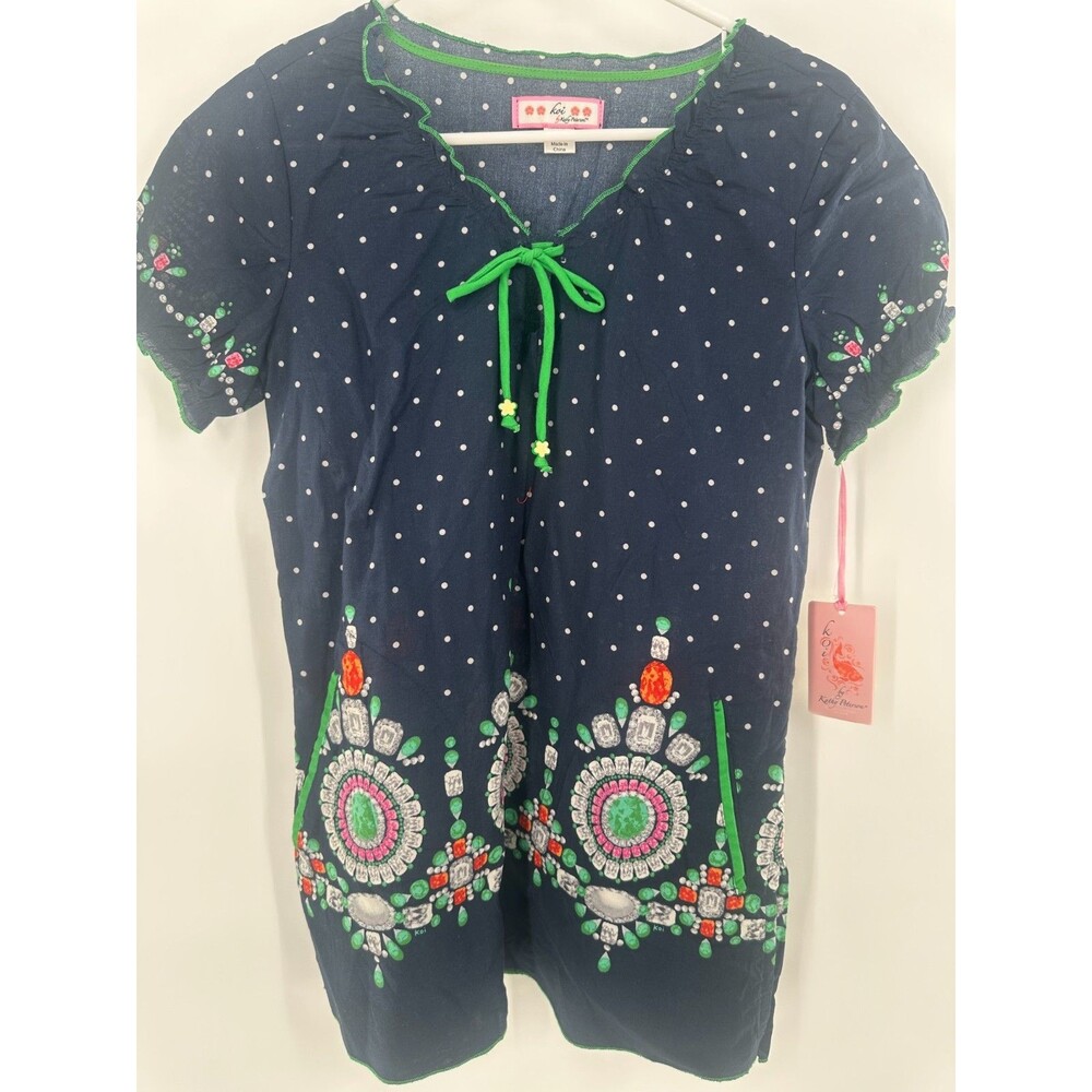 NWT Koi Kathy Peterson Gwen Scrub Top | Navy Blue Polka Dot Jewel Print Size S - Picture 1 of 8